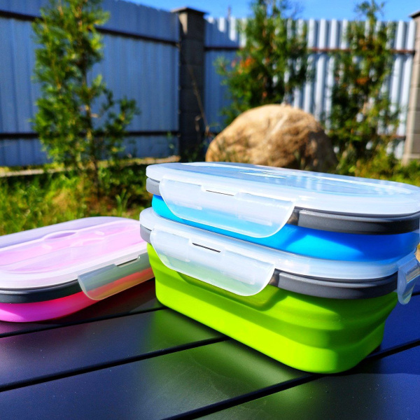 Ланч-бокс складной силиконовый с столовыми приборами, 3 отделения 1150 мл., Зеленый